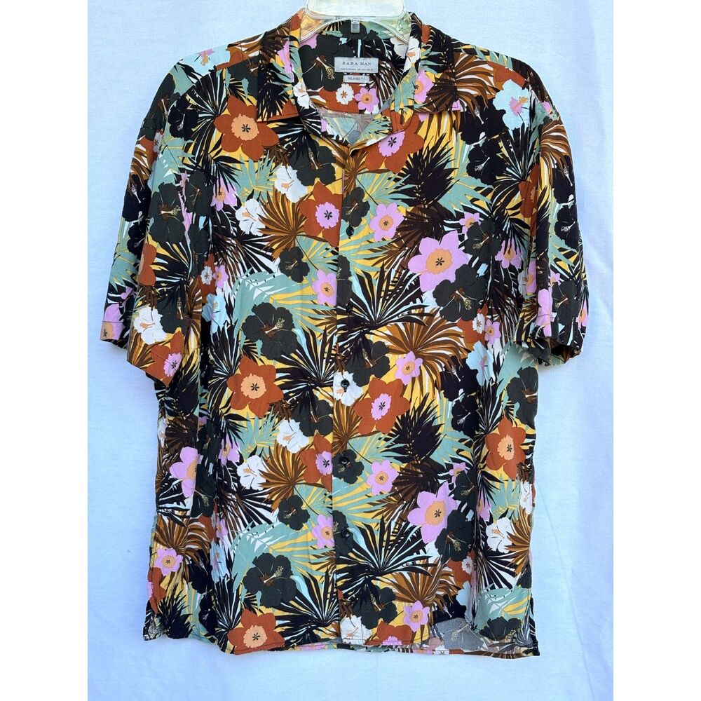 Zara Man Retro Tropical Hibiscus Floral Short Sleeve Button Up Shirt Large